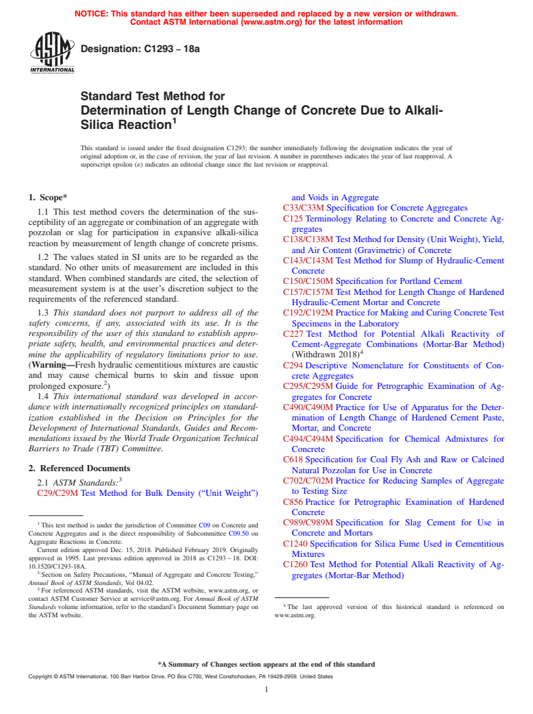 ASTM C1293-18a - Standard Test Method for  Determination of Length Change of Concrete Due to Alkali-Silica  Reaction