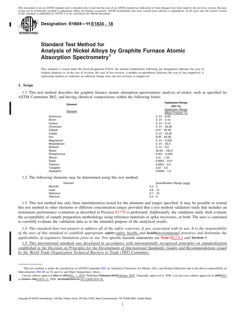 REDLINE ASTM E1834-18 - Standard Test Method for  Analysis of Nickel Alloys by Graphite Furnace Atomic Absorption  Spectrometry