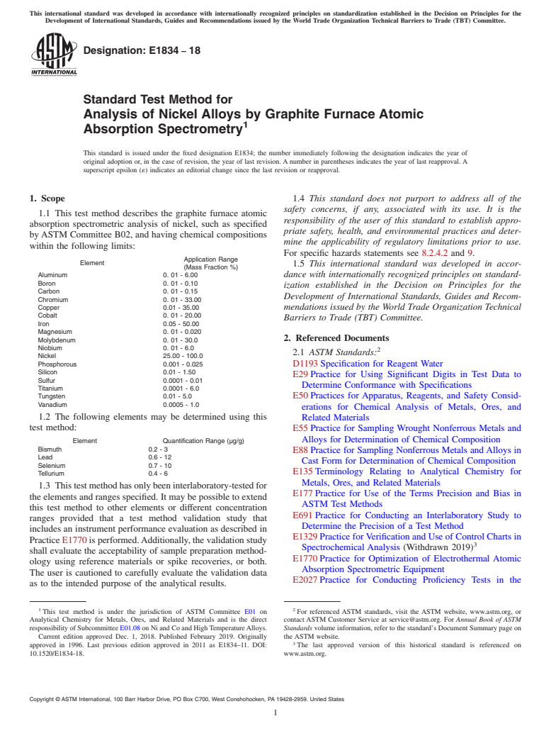 ASTM E1834-18 - Standard Test Method for  Analysis of Nickel Alloys by Graphite Furnace Atomic Absorption  Spectrometry