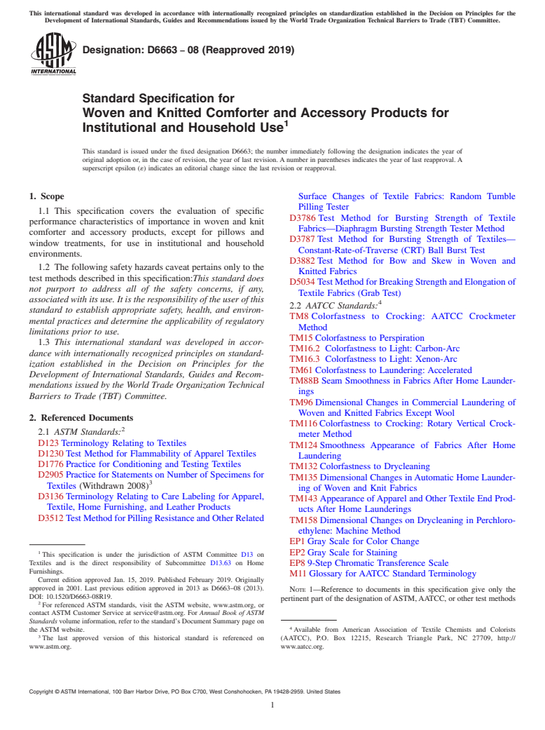 ASTM D6663-08(2019) - Standard Specification for  Woven and Knitted Comforter and Accessory Products for Institutional  and Household Use