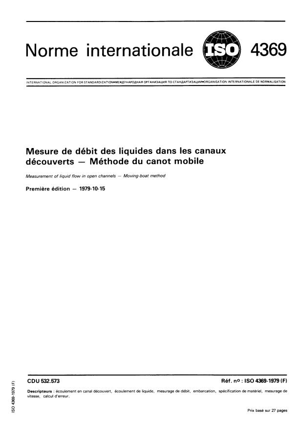 ISO 4369:1979 - Mesure de débit des liquides dans les canaux découverts -- Méthode du canot mobile