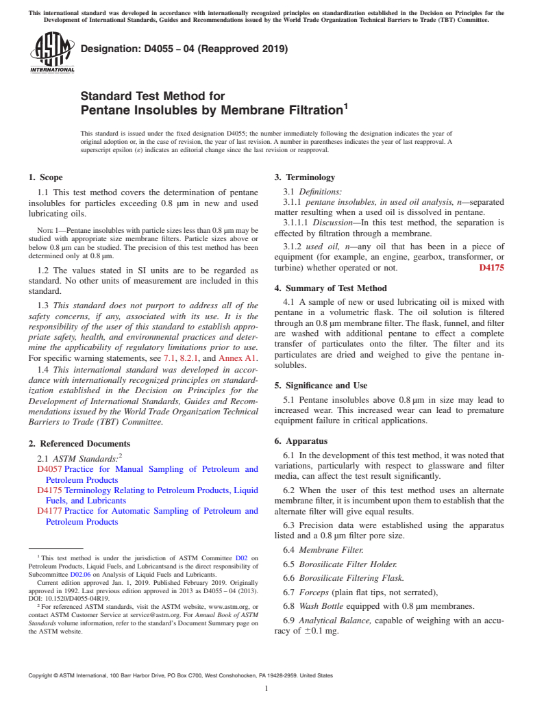 ASTM D4055-04(2019) - Standard Test Method for  Pentane Insolubles by Membrane Filtration