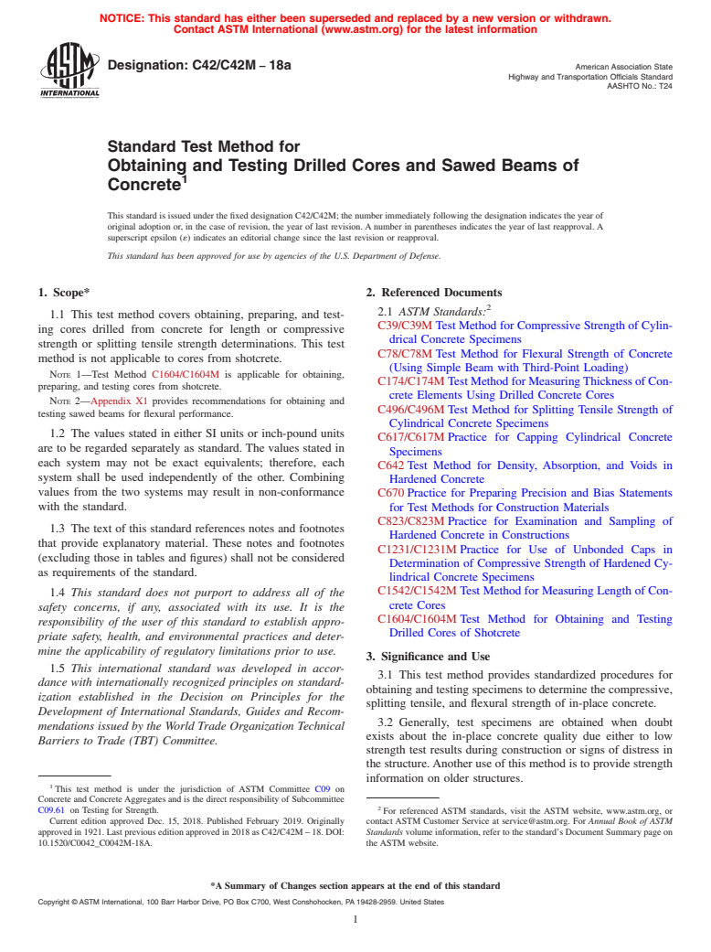 ASTM C42/C42M-18a - Standard Test Method for  Obtaining and Testing Drilled Cores and Sawed Beams of Concrete