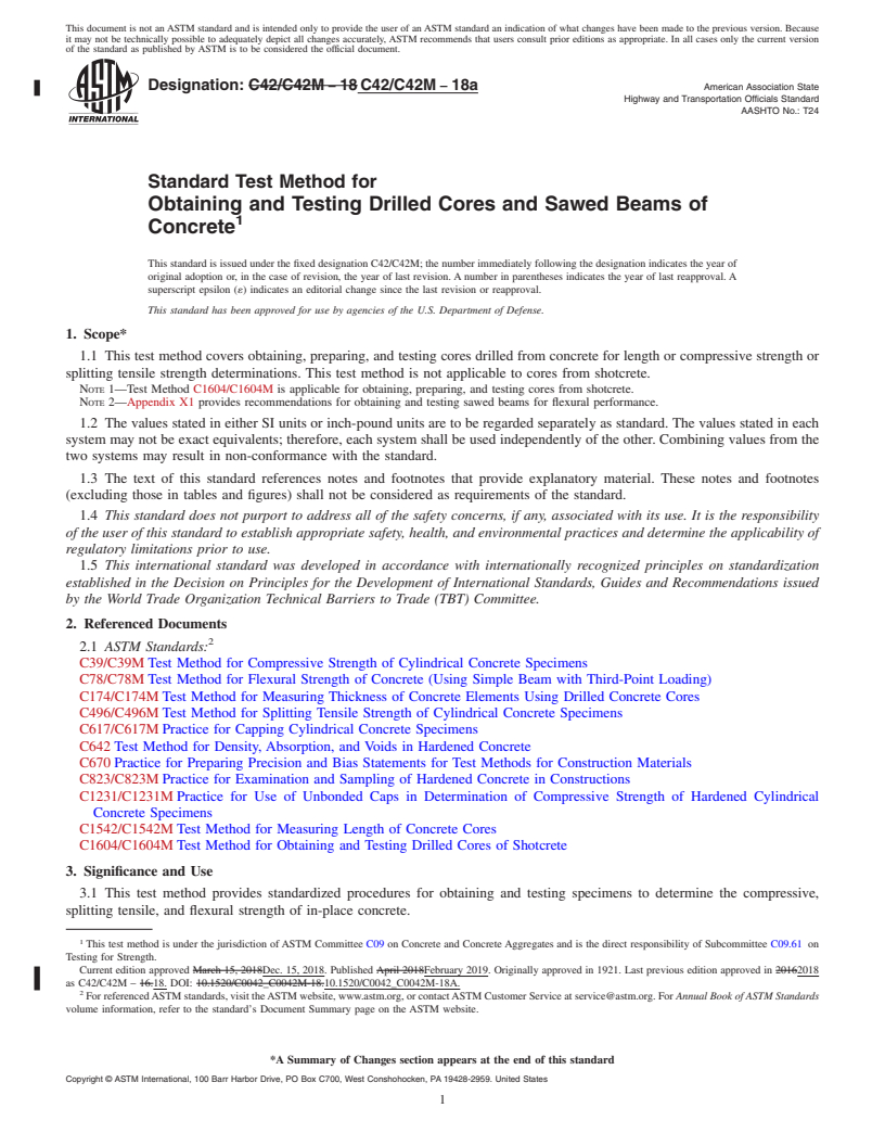 REDLINE ASTM C42/C42M-18a - Standard Test Method for  Obtaining and Testing Drilled Cores and Sawed Beams of Concrete