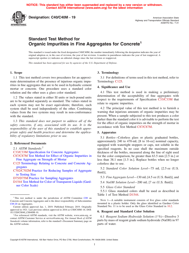 ASTM C40/C40M-19 - Standard Test Method for  Organic Impurities in Fine Aggregates for Concrete