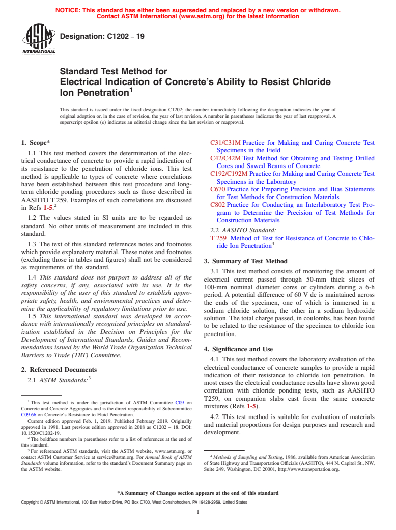 ASTM C1202-19 - Standard Test Method for  Electrical Indication of Concrete&#x2019;s Ability to Resist  Chloride Ion Penetration