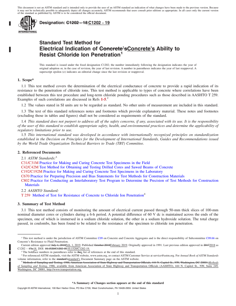 REDLINE ASTM C1202-19 - Standard Test Method for  Electrical Indication of Concrete&#x2019;s Ability to Resist  Chloride Ion Penetration