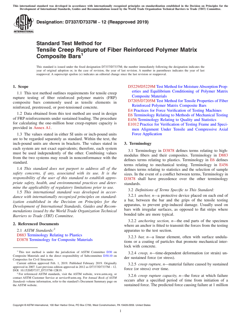 ASTM D7337/D7337M-12(2019) - Standard Test Method for Tensile Creep Rupture of Fiber Reinforced Polymer Matrix Composite  Bars