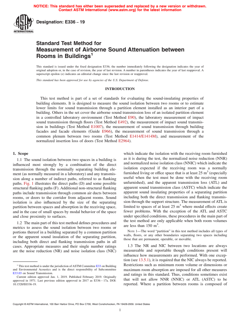 ASTM E336-19 - Standard Test Method for  Measurement of Airborne Sound Attenuation between Rooms in  Buildings