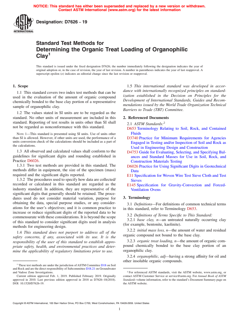 ASTM D7626-19 - Standard Test Methods for Determining the Organic Treat Loading of Organophilic Clay