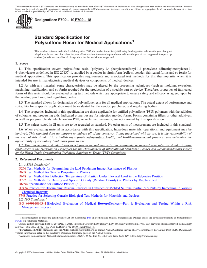 REDLINE ASTM F702-18 - Standard Specification for  Polysulfone Resin for Medical Applications