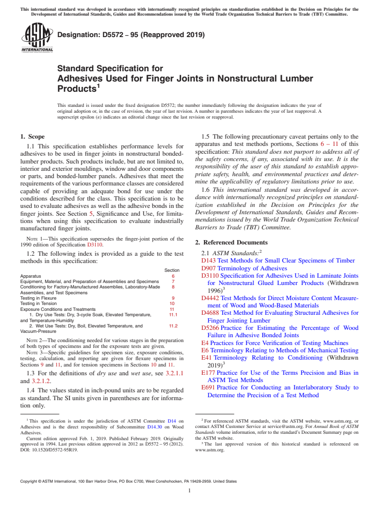 ASTM D5572-95(2019) - Standard Specification for Adhesives Used for Finger Joints in Nonstructural Lumber Products