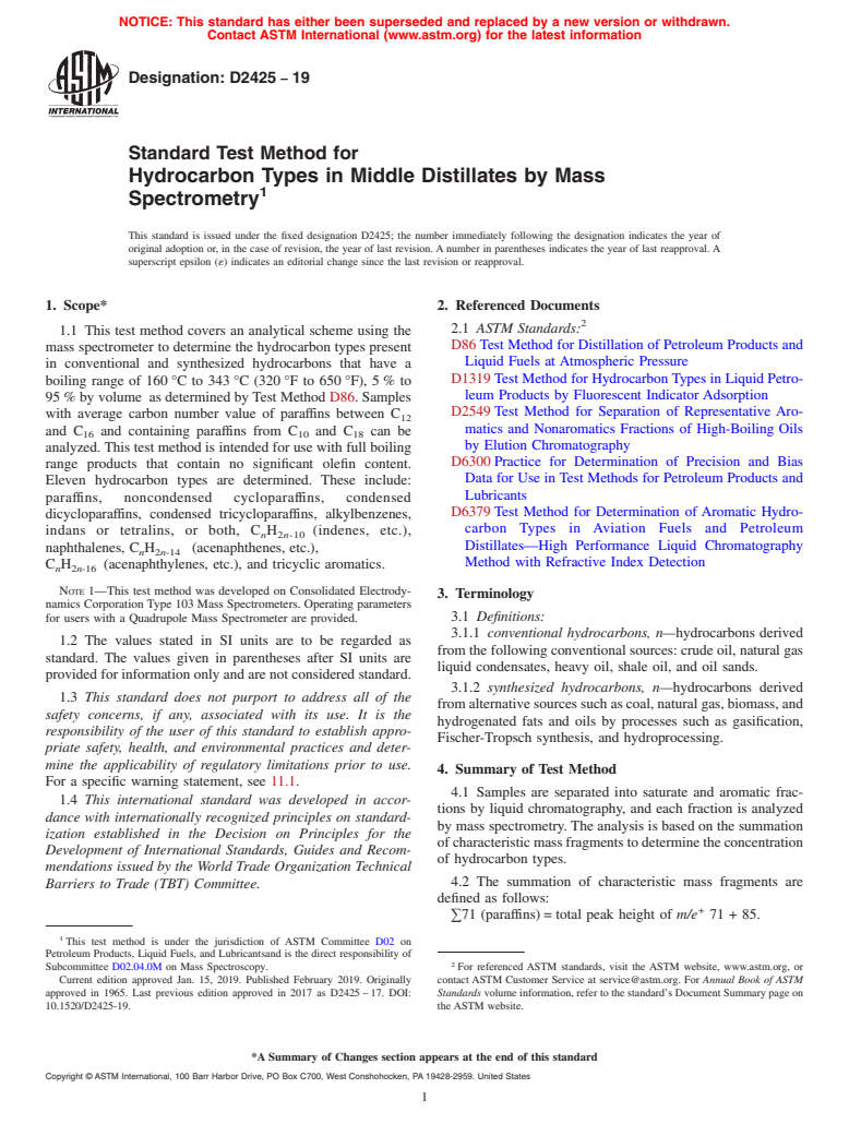 ASTM D2425-19 - Standard Test Method for  Hydrocarbon Types in Middle Distillates by Mass Spectrometry