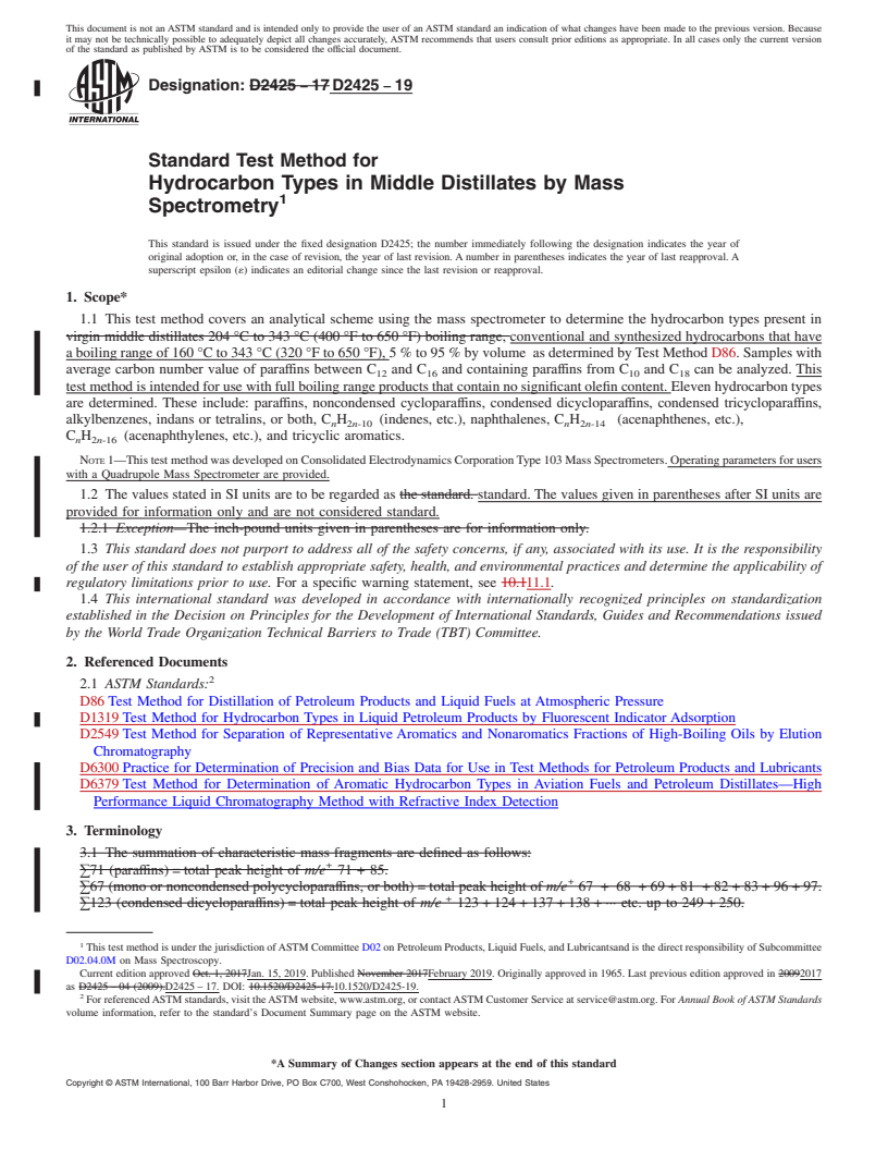 REDLINE ASTM D2425-19 - Standard Test Method for  Hydrocarbon Types in Middle Distillates by Mass Spectrometry