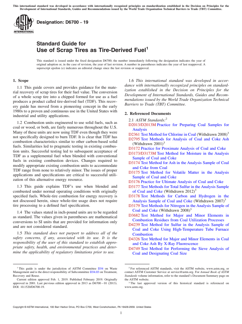 ASTM D6700-19 - Standard Guide for Use of Scrap Tires as Tire-Derived Fuel