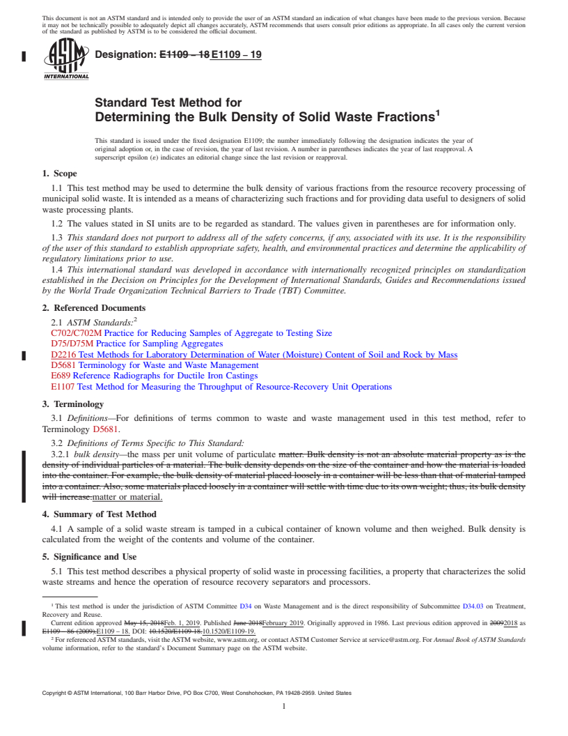 REDLINE ASTM E1109-19 - Standard Test Method for  Determining the Bulk Density of Solid Waste Fractions