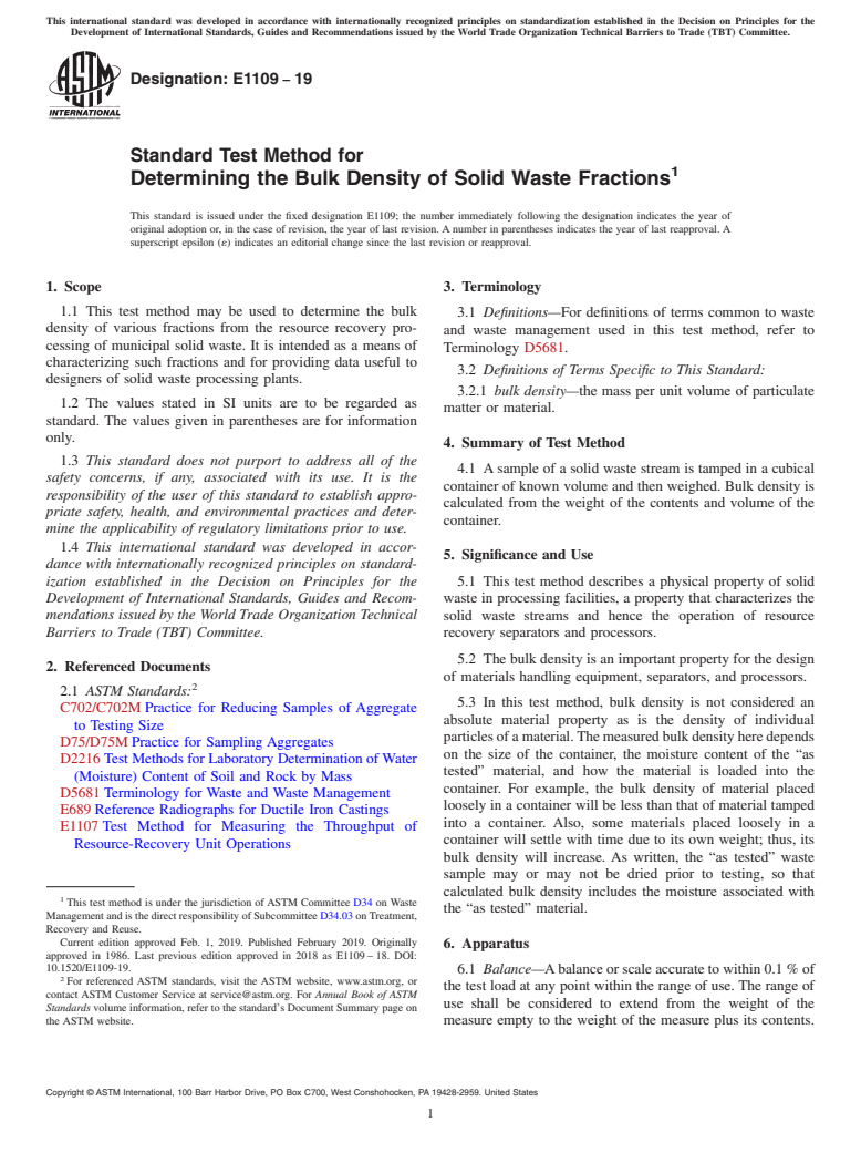 ASTM E1109-19 - Standard Test Method for  Determining the Bulk Density of Solid Waste Fractions