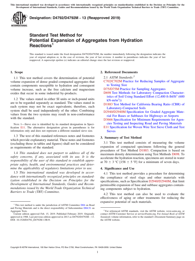 ASTM D4792/D4792M-13(2019) - Standard Test Method for  Potential Expansion of Aggregates from Hydration Reactions