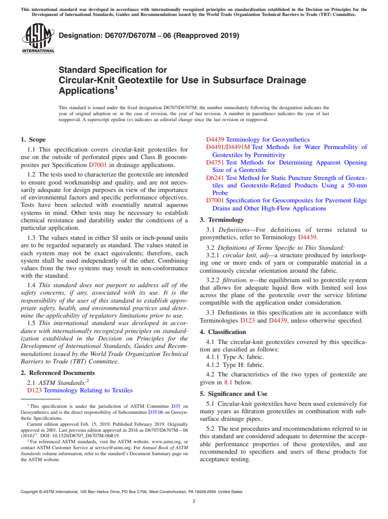 ASTM D6707/D6707M-06(2019) - Standard Specification for Circular-Knit Geotextile for Use in Subsurface Drainage Applications