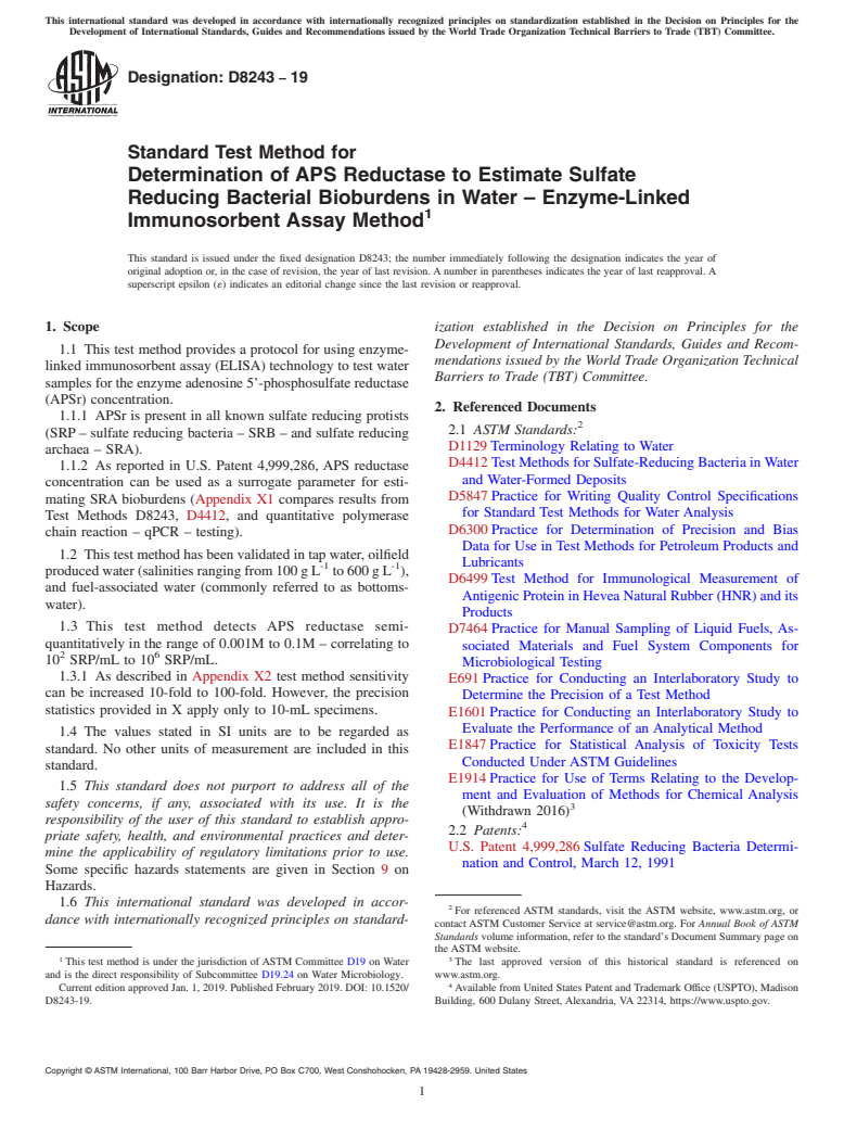 ASTM D8243-19 - Standard Test Method for Determination of APS Reductase to Estimate Sulfate Reducing  Bacterial Bioburdens in Water &#x2013; Enzyme-Linked Immunosorbent  Assay Method