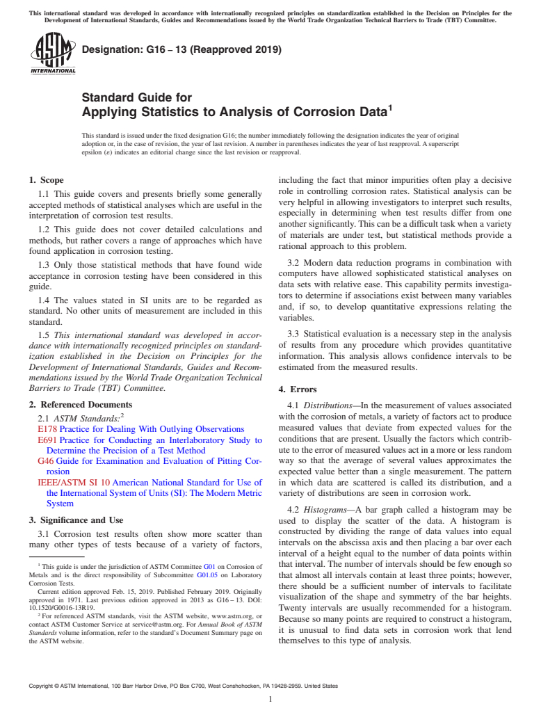 ASTM G16-13(2019) - Standard Guide for Applying Statistics to Analysis of Corrosion Data