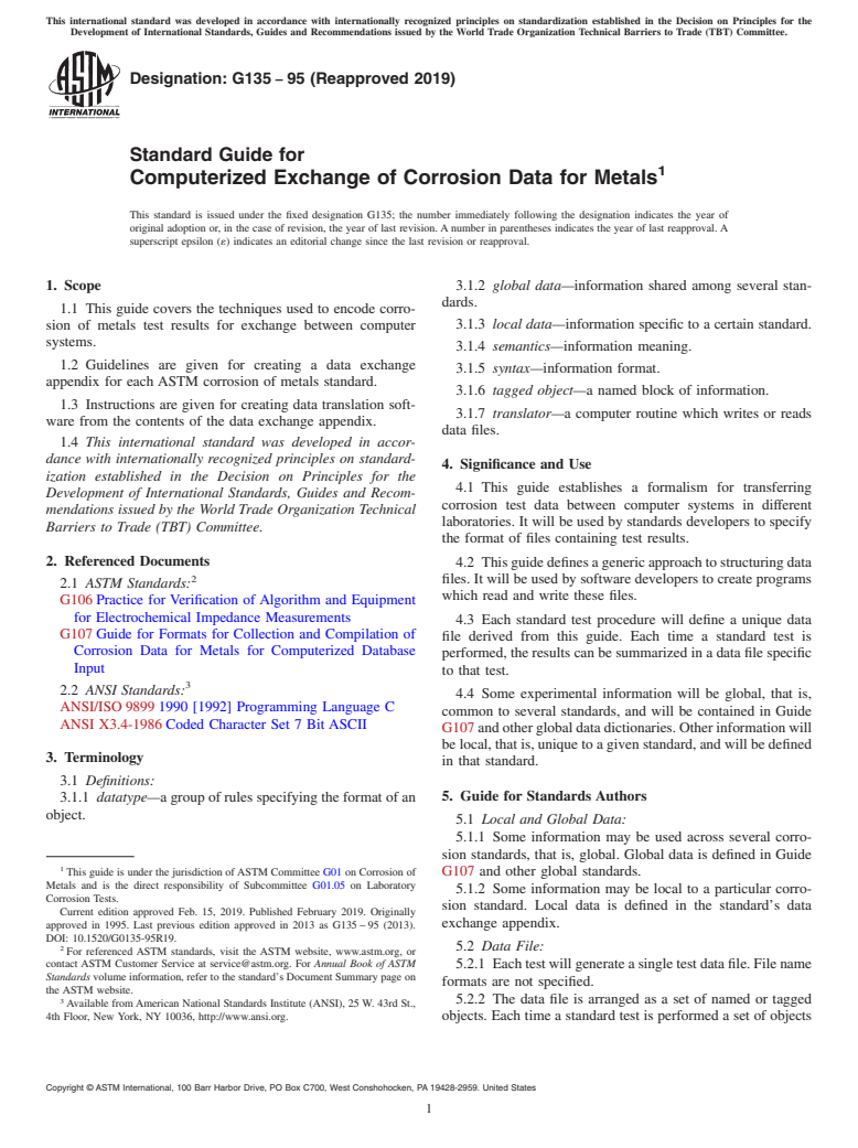 ASTM G135-95(2019) - Standard Guide for Computerized Exchange of Corrosion Data for Metals