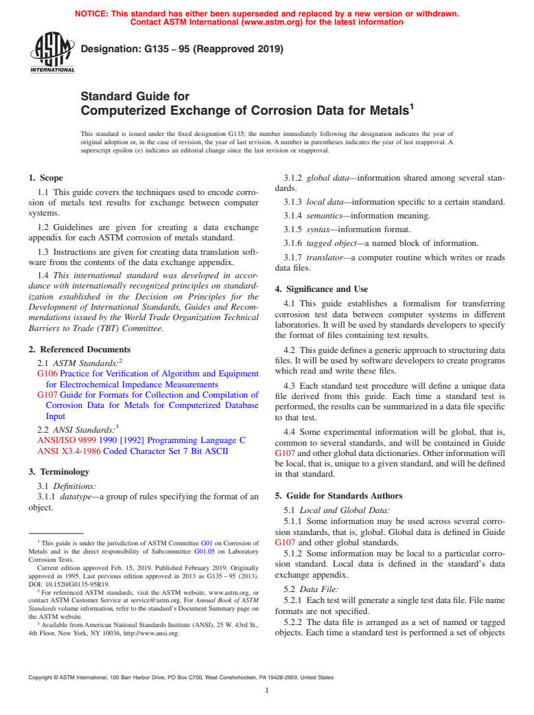 ASTM G135-95(2019) - Standard Guide for Computerized Exchange of Corrosion Data for Metals (Withdrawn 2023)