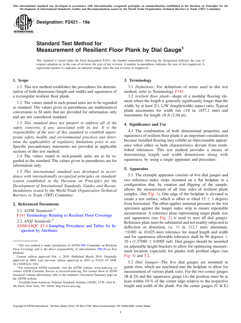 ASTM F2421-19a - Standard Test Method for  Measurement of Resilient Floor Plank by Dial Gauge