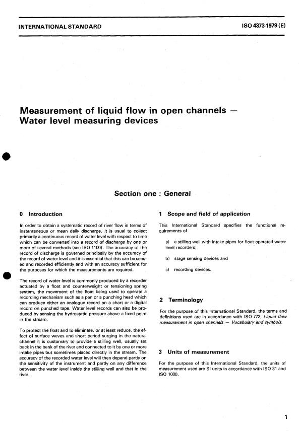 ISO 4373:1979 - Measurement of liquid flow in open channels -- Water level measuring devices