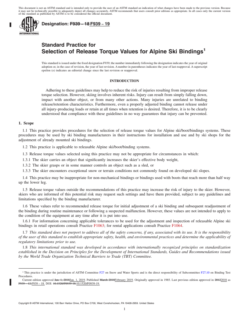 REDLINE ASTM F939-19 - Standard Practice for Selection of Release Torque Values for Alpine Ski Bindings