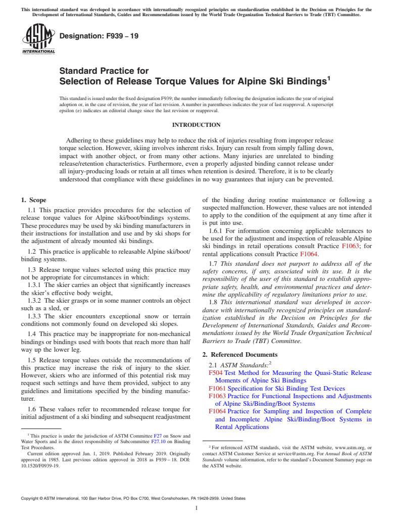 ASTM F939-19 - Standard Practice for Selection of Release Torque Values for Alpine Ski Bindings