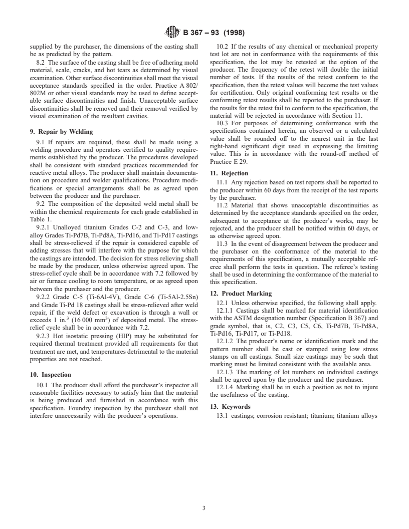 ASTM B367-93(1998) - Standard Specification for Titanium and Titanium Alloy Castings