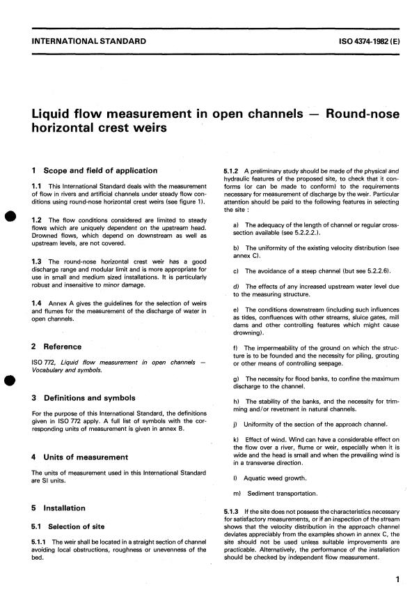 ISO 4374:1982 - Liquid flow measurement in open channels -- Round-nose horizontal crest weirs
