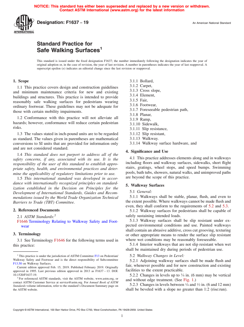 ASTM F1637-19 - Standard Practice for  Safe Walking Surfaces