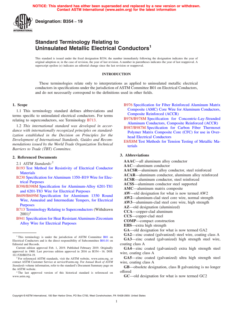 ASTM B354-19 - Standard Terminology Relating to Uninsulated Metallic Electrical Conductors