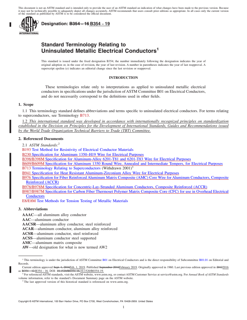 REDLINE ASTM B354-19 - Standard Terminology Relating to Uninsulated Metallic Electrical Conductors