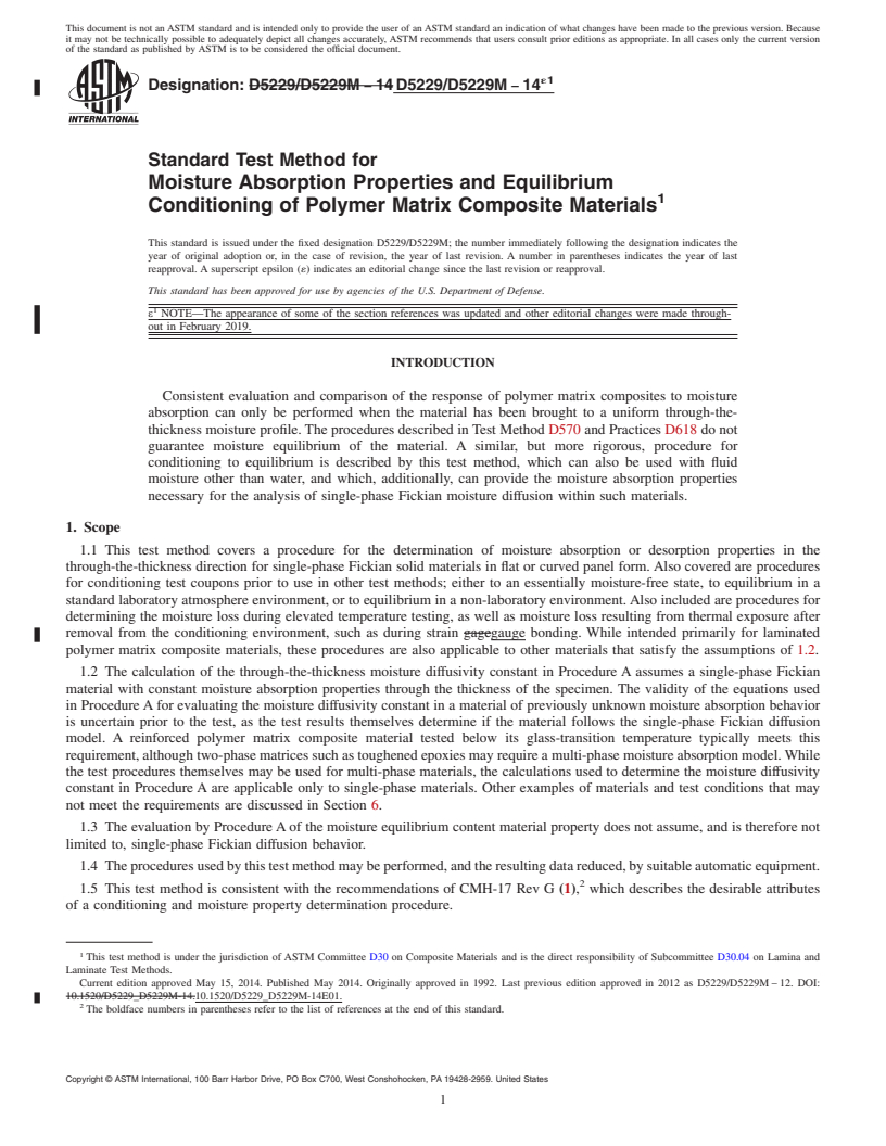 REDLINE ASTM D5229/D5229M-14e1 - Standard Test Method for  Moisture Absorption Properties and Equilibrium Conditioning of Polymer Matrix Composite Materials