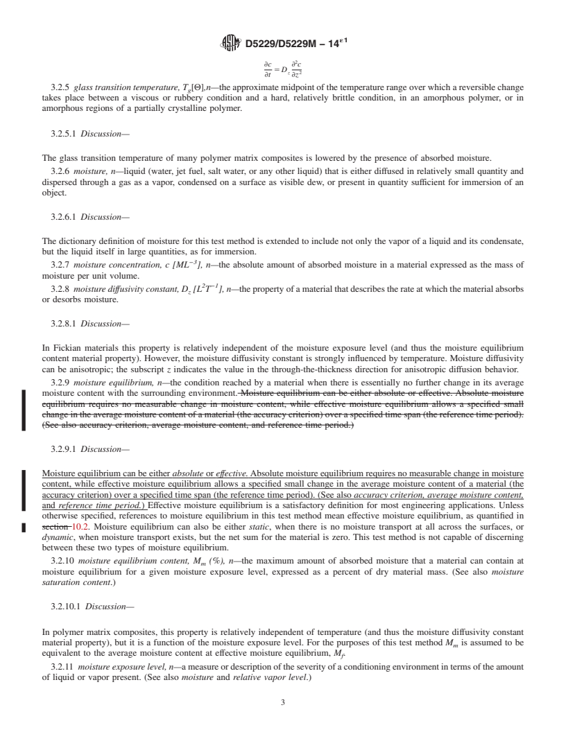 REDLINE ASTM D5229/D5229M-14e1 - Standard Test Method for  Moisture Absorption Properties and Equilibrium Conditioning of Polymer Matrix Composite Materials