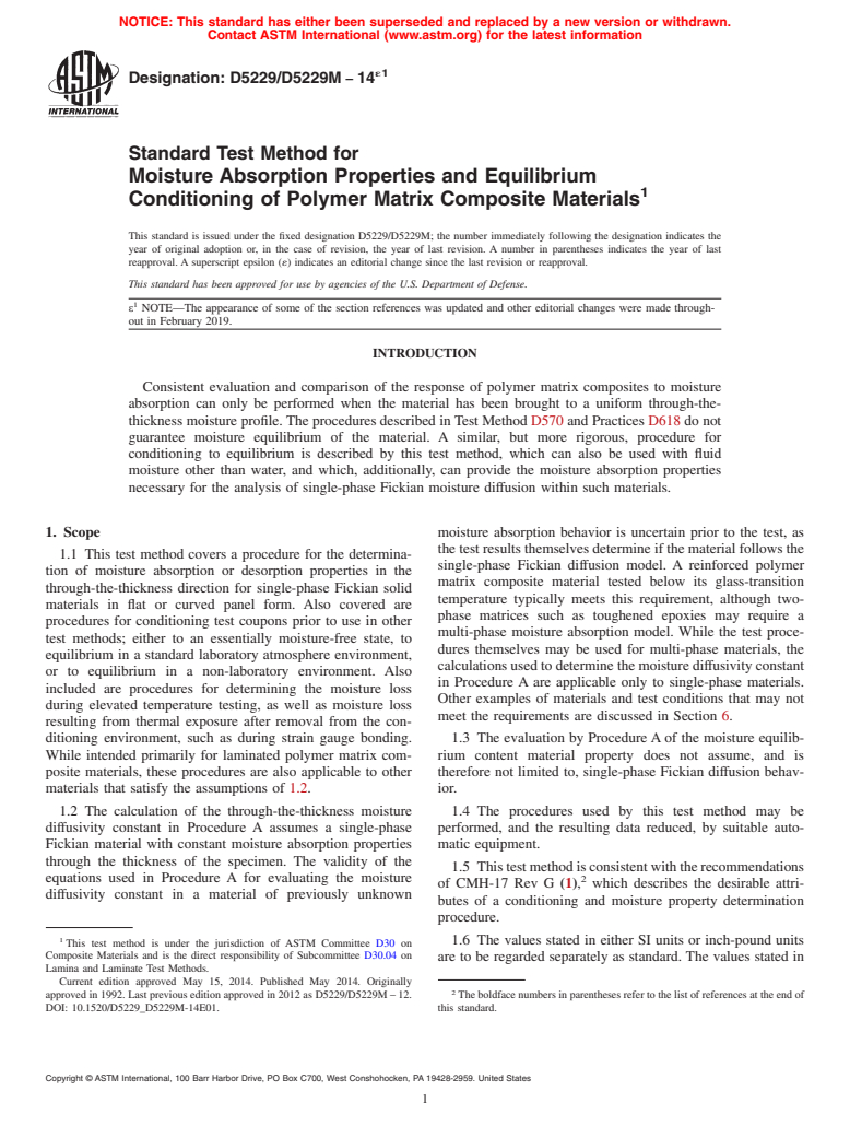 ASTM D5229/D5229M-14e1 - Standard Test Method for  Moisture Absorption Properties and Equilibrium Conditioning of Polymer Matrix Composite Materials