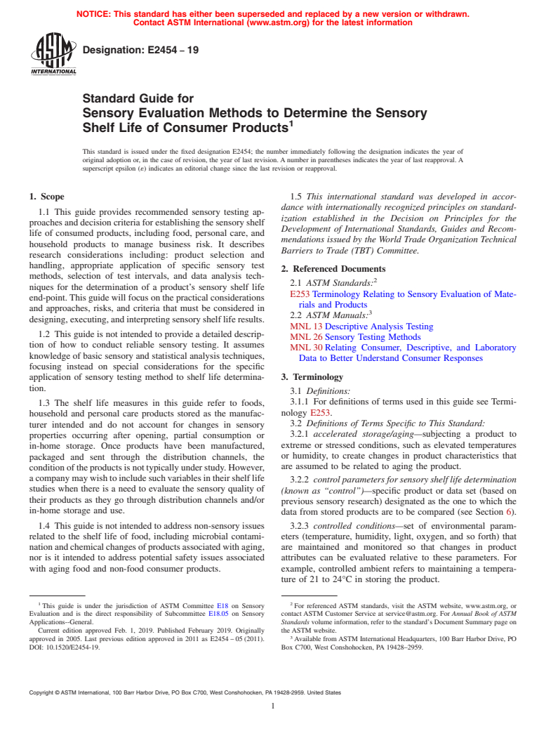 ASTM E2454-19 - Standard Guide for  Sensory Evaluation Methods to Determine the Sensory Shelf Life  of Consumer Products