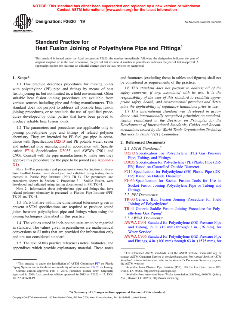 ASTM F2620-19 - Standard Practice for Heat Fusion Joining of Polyethylene Pipe and Fittings