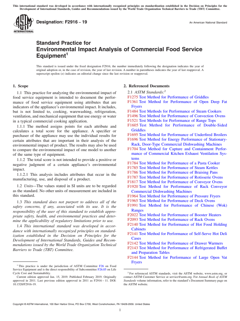 ASTM F2916-19 - Standard Practice for Environmental Impact Analysis of Commercial Food Service Equipment
