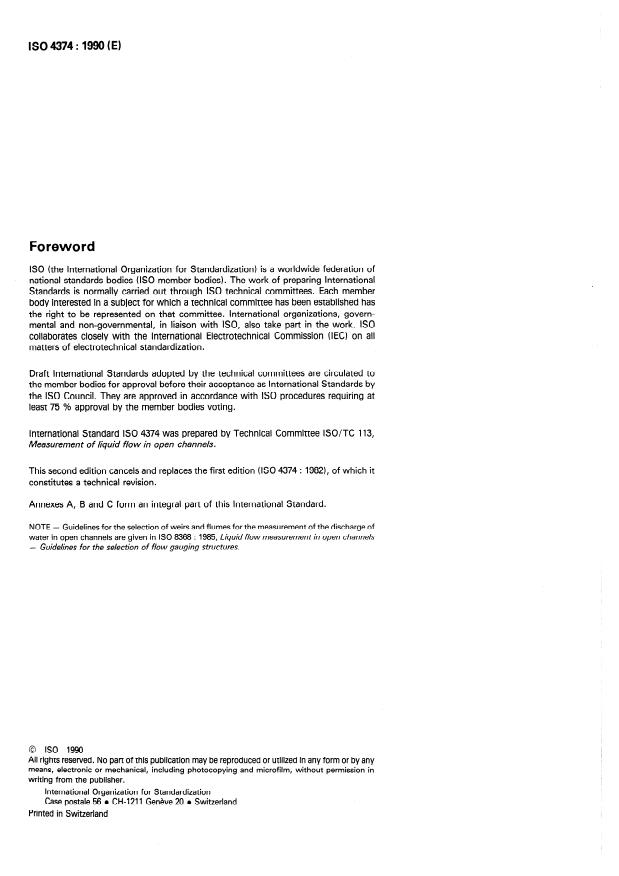 ISO 4374:1990 ISO 4374:1990 - Liquid flow measurement in open channels -- Round-nose horizontal broad-crested weirs - Page 2 preview
