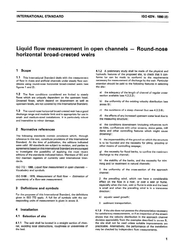 ISO 4374:1990 - Liquid flow measurement in open channels -- Round-nose horizontal broad-crested weirs