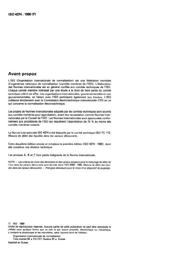 ISO 4374:1990 ISO 4374:1990 - Mesure de débit des liquides dans les canaux découverts -- Déversoirs horizontaux a seuil épais arrondi - Page 2 preview