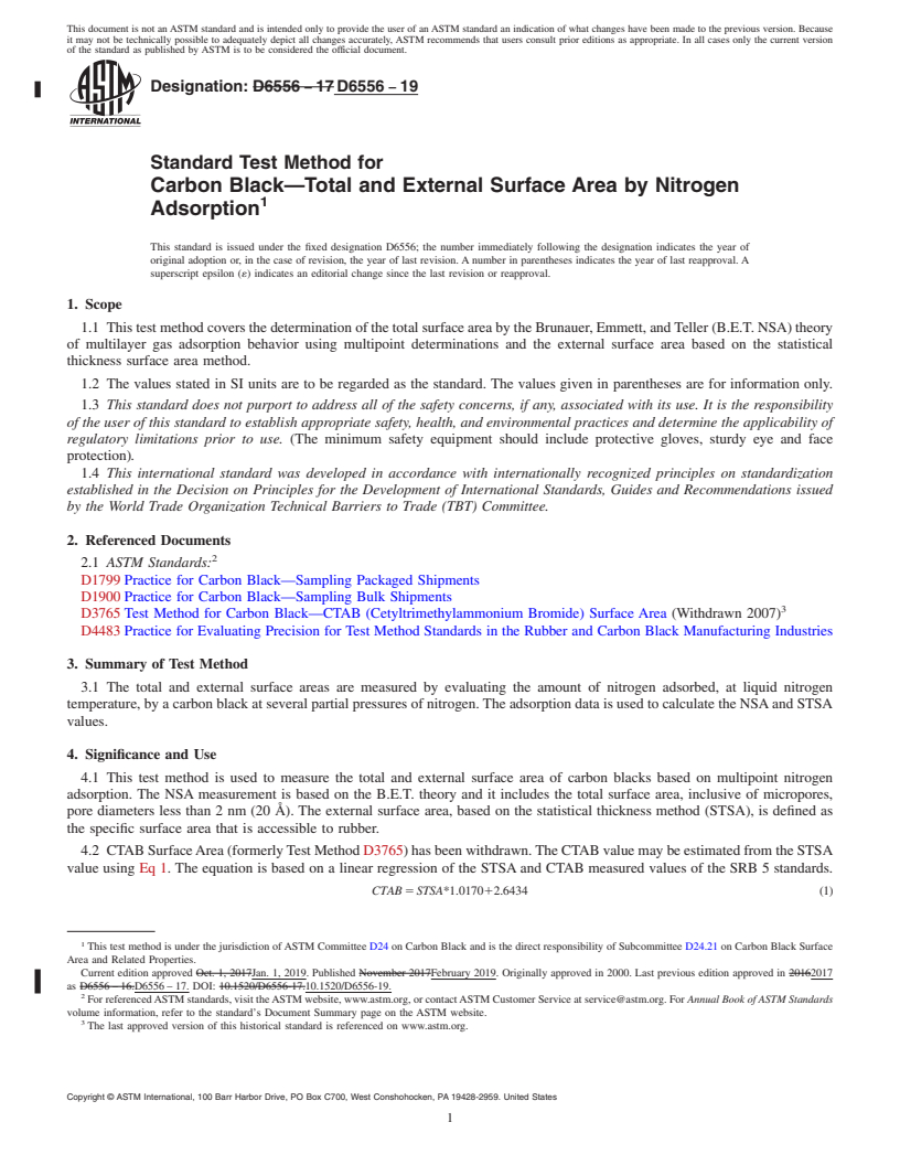 REDLINE ASTM D6556-19 - Standard Test Method for Carbon Black&#x2014;Total and External Surface Area by Nitrogen  Adsorption