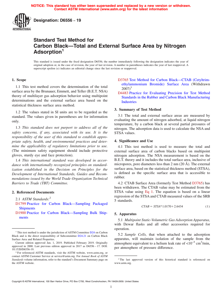 ASTM D6556-19 - Standard Test Method for Carbon Black&#x2014;Total and External Surface Area by Nitrogen  Adsorption