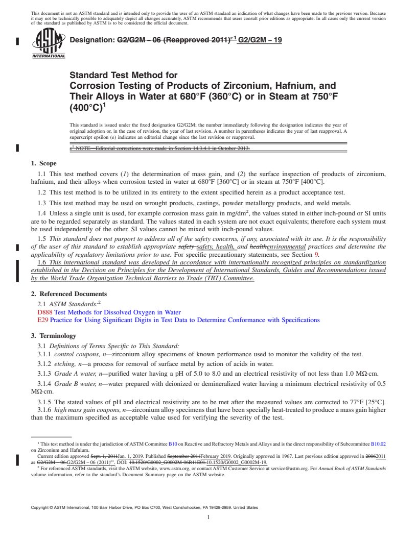 REDLINE ASTM G2/G2M-19 - Standard Test Method for Corrosion Testing of Products of Zirconium, Hafnium, and Their  Alloys in Water at 680&#xb0;F (360&#xb0;C) or in Steam at 750&#xb0;F  (400&#xb0;C)