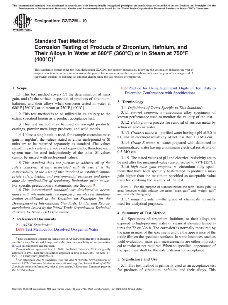 ASTM G2/G2M-19 - Standard Test Method for Corrosion Testing of Products of Zirconium, Hafnium, and Their  Alloys in Water at 680&#xb0;F (360&#xb0;C) or in Steam at 750&#xb0;F  (400&#xb0;C)