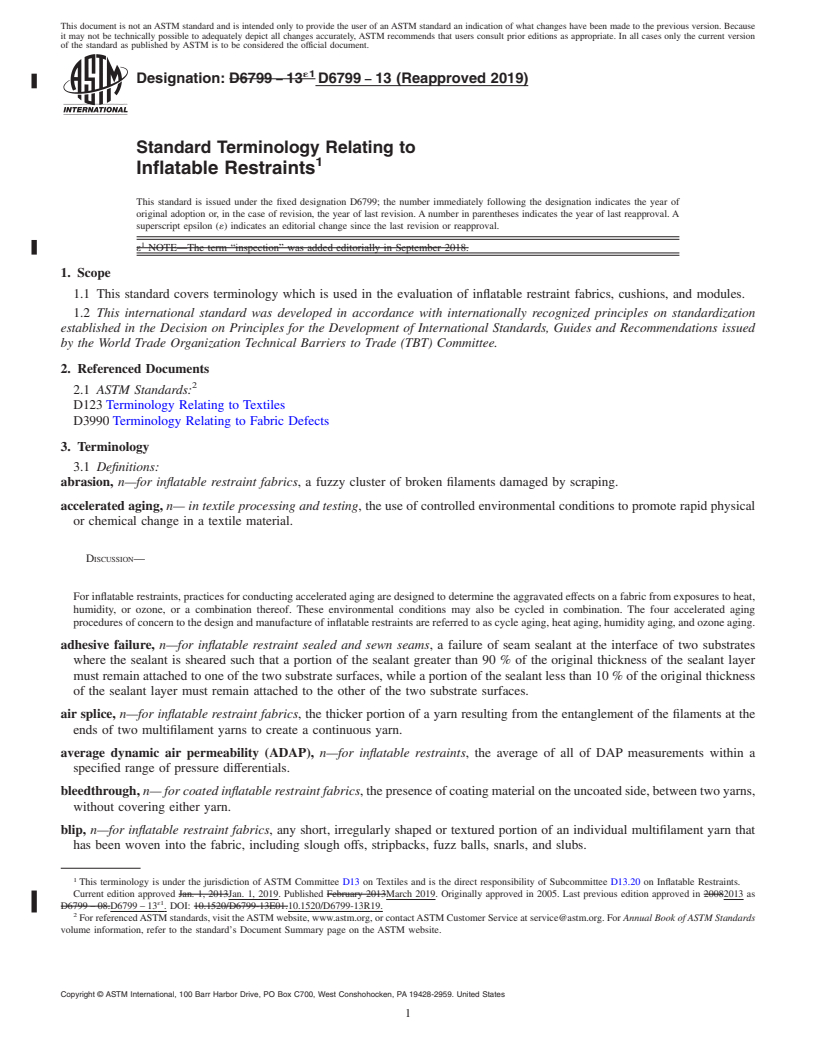 REDLINE ASTM D6799-13(2019) - Standard Terminology Relating to  Inflatable Restraints